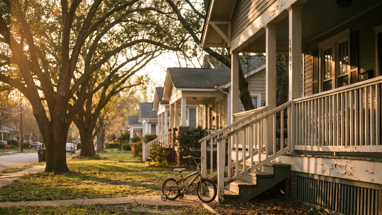A tree-lined Raleigh street at golden hour, deep front porches and a child's bicycle leaning on the steps
