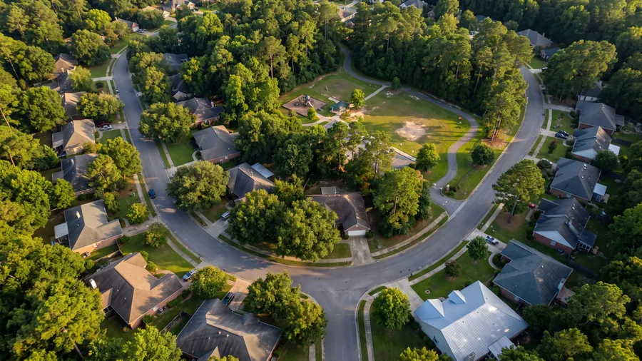 An aerial view of a leafy residential neighbourhood with curving streets and dense tree canopy