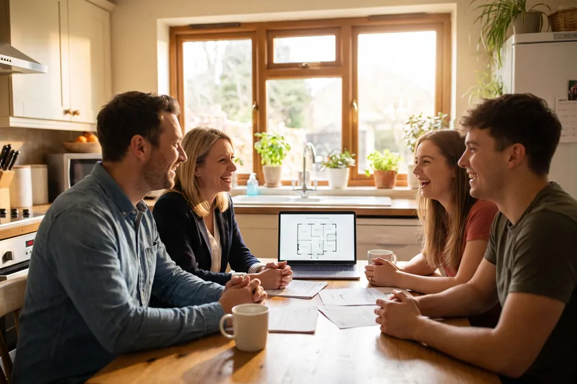 Two agents sitting at a kitchen table with a young couple, papers and a laptop between them